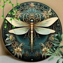 Vintage Round Metal Dragonfly Wall Art, Retro Tin Sign Decor, Unique Gift for Home beige