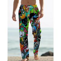 Men's 3D Retro Printed Baggy Casual Trousers,  Elastic Drawstring Waist with Pockets, for Spring Summer Home Outdoor Vacation 4XL tamsiai žalia spalva