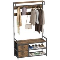 Coat Rack with Shoe Rack, 10 Hooks, 2 Drawers and Hanging Bar, 100x40x180cm, Rustic Brown