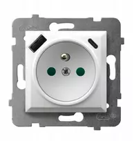 Ospel ARIA Vienvietis lizdas su įžeminimu, su apsauginiais nuo elektros smūgio dangteliais, su USB A+C įkrovikliu balta GP-1UZPUSBAC/m/00
