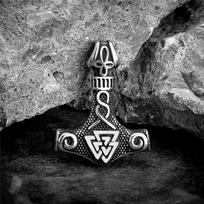 Vikings Thors Hammer Necklace Stainless Steel Double Sided Pendant Norse Amulet Men Vintage Jewelry 60cm gray
