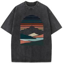 Men's Retro Geometric Maca Sunset Mountain Short-Sleeved 230g Fashion Loose Washed T-Shirt Cotton Summer Cotton Bleached Tshirt 3XL įvairiaspalvis