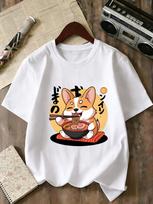 Cartoon Kawaii Ramen Corgi Graphic T Shirt Family Matching Boys Girls Kids Short Sleeve Casual Cute Puppy Children Daily Tops 110 white