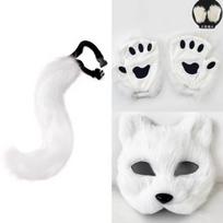 Pūkuota Kailinė Lapės Uodega Katės Letenos Pirštinės ir Veido Kaukė Cosplay Kostiumas Vilko Terianas Kaukės Rinkinys Helovino vakarėlio Aksesuarai One Size white