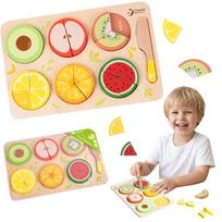 CLASSIC WORLD Mediniai pjaustomi vaisiai su lipukais + trupmenų ir dalybos mokymasis MONTESSORI 23 vnt.