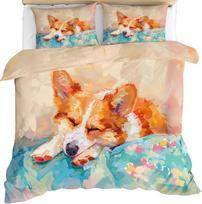 Cartoon Dog Cute Corgi Dog Print Duvet Cover Sets, Polyester 3D Digital Printing Bedding Set King Size Printing Children'S Gift 90X200cm-2pcs beige