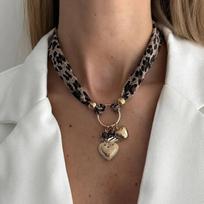 SHIXIN Vintage Leopard Print Chiffon Fabric Choker Necklace for Women Trendy Heart Pendant Necklace Neck Accessory Jewelry Gifts black