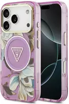 Dėklas Guess IML Glitter Flowers Triangle MagSafe, skirtas iPhone 18 Pro Max / 17 Pro Max, violetinis
