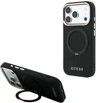 Guess Ring Stand 360 Grained Classic Logo MagSafe dėklas, skirtas iPhone 18 Pro / 17 Pro, juodas
