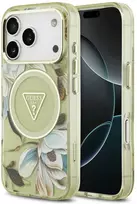 Dėklas Guess IML Glitter Flowers Triangle MagSafe, skirtas iPhone 18 Pro Max / 17 Pro Max, žalias