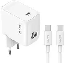 USAMS CC339 T76 45W GaN USB-C sieninis įkroviklis + SJ711 USB-C į USB-C laidas (1m, baltas)
