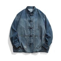 Unisex Chinese Retro Frog Button Denim Shirt - Blue Stand Collar Casual Jacket for Autumn M tamsiai mėlyna spalva
