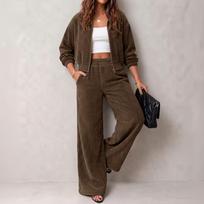 Women's Vintage Corduroy Two-Piece Outfit with Cropped Jacket and Wide Leg Pants S ruda