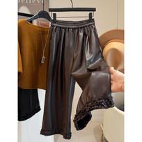 High-waisted fungus edge pu leather casual pants for women's autumn and winter new elastic casual and thin versatile eight or nine-point pants L kava