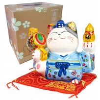 Mėlyna Maneki-neko katės taupyklė, 14 cm