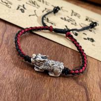 999 Sterling Silver 3D Pixiu Couple Bracelet with Red Rope for Zodiac Luck black