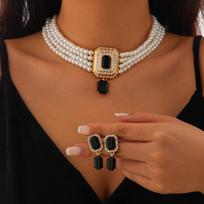 SHIXIN 2Pcs Luxury Multilayer Imitation Pearl Choker Necklace Earrings Bridal Green Rhinestone Neck Chain Wedding Jewelry Set brown