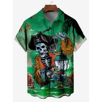 Men's Hawaiian Skeleton Pirate Captain Storm Sailing Cartoon Print Shirt Short Sleeve Shirt Summer Loose Beach Shirts For Boy 5XL black