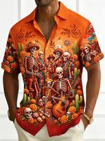 Men's Navy Skeleton Pirate & Parrot Print Button Up Shirt, Turndown Collar Tops for Summer Vacation Casual Streetwear Wear M orange