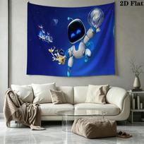 Astro Bot Game Tapestry, Dark Starry Sky Space Robot Character Print Wall Hanging for Gaming Room Bedroom Decor 100cm x 150cm gray