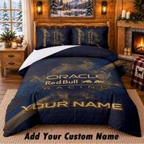 Red Bull Racing Pattern Bedding 3Pcs Set Custom Name, Bed Sheet And Pillowcases For Home Bedroom 140cmx210cm