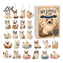 Cute Cat Themed Pendants Ragdoll Advent Calendar, Includes 24 Kitten Acrylic Hanging Ornaments, Lover Gift Ideas 2D Flat Kitty for Christmas Cat beige
