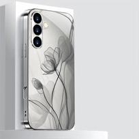 Electroplated Silver Frame Line Art Tulip Shockproof Clear Phone Case Soft TPU Cover for Samsung Galaxy S26 S25 S24 S23 S22 S21 A16 gray
