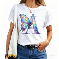 Women’s Letter A Butterfly T-Shirt Colorful Rainbow Letter Graphic Tee Soft Crew Neck Short Sleeve Top for Daily Wear S white