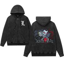 Washed Retro Death Note Zip-Up Hoodie for Men & Women Medium black