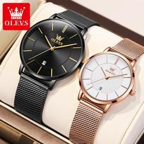 OLEVS 5869 Japan Ultra-thin Quartz Movement Couple Watches Stainless steel Mesh Belt Auto Date Waterproof Watch for Men Women black