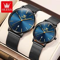 OLEVS 5869 Japan Ultra-thin Quartz Movement Couple Watches Stainless steel Mesh Belt Auto Date Waterproof Watch for Men Women gray