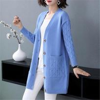 Loose Knitted Mid-length Cardigan Casual Solid Knitwears Coats Women Fall Winter Tops V-neck Long Sleeve Sweater Mujer L mėlyna