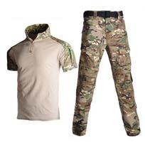 Hanye Men's Summer Camouflage Short Sleeve Frog Suit Training Set - Breathable T-shirt & Short Top Pants 34 with Knee Pads beige