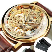 WINNER Classic Skeleton Mechanical Watch for Men Luminous Hands Leather Strap Business Mens Watches Top Brand Luxury Wristwatch beige
