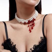 Gothic Multi-layer Tassel Pearl Crystal Choker Necklace Halloween Jewelry Women White Red-06701 black