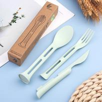 Kvietinių indų šiaudų peilių šakučių šaukštų rinkinys Nordic Wheat nešiojamieji stalo reikmenys, skirti studentams kelionėms žalia