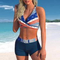 Moteriškas „Halter Bikini Tankini“ maudymosi kostiumėlis su alyva ant drobės 3XL tamsiai mėlyna spalva