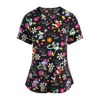 Slaugos šveitikliai su gėlėmis Moterų darbo uniforma Palaidinė trumpomis rankovėmis V formos iškirpte Uniforma Blusas Slaugos drabužiai Slaugytojos Tunika Uniforma 5XL black