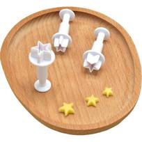 3Pcs Heart Star Square Plunger Fondant Cutter, Biscuit Cookie Mold Set with Push Mechanism, Sugarcraft Cake Decorating Tool DIY beige