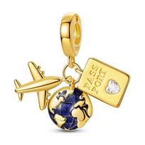 Original 925 Sterling Silver Charms Earth Passport Airplane Globe Compass Pendant Earrings Bracelet For Women Jewelry Set Gift KTC008-GD beige