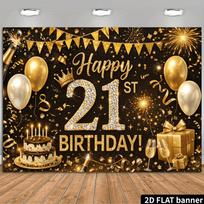 21st Birthday Party Banner Backdrop, Black Gold Rhinestone 21 Balloon Cake Champagne Gift, Polyester, Party Decor 43.3*70.9in brown