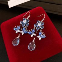 Charm Female Blue Zircon Stone Flower Water Drop Earrings Cute Trendy Bridal Silver Color Wedding  For Women black