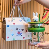 Mokyklos dovana klasiokams, mokytojai Miffy triušio stiklinė su dangteliu, mergaitei mielas puodelis su šiaudeliu dovanų dėžutėje 401-500ml