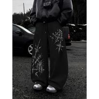 Black Wide Leg Pants, Streetwear with Dramatic White Flame Patterns, Loose Fit, All Day Comfort, Enhance Your City Fashion Game XXL black