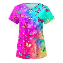 Ladies Fashion V Neck Short Sleeve Nurse Top Butterfly Print Medical Scrub Shirt Workwear Uniform for Healthcare Professionals XL karšta rožinė spalva