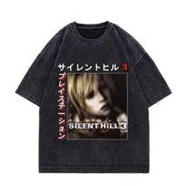 Game Silent Hill  Vintage Washed Tshirt Men Women Gothic Fashion T Shirts High Quality Cotton Oversized Tshirts Streetwear 2XL black