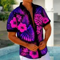 Men's Tropical Flowers Palm Leaf Neon Glow Shirt Summer Hawaiian Shirt Tropical Shirts Short Sleeve 5XL purple
