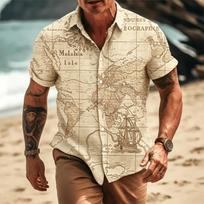 Men's Vintage Pirate Treasure Map Print Short Sleeve Shirt, Casual Nautical Button Up Shirt for Spring & Summer 2XL brown