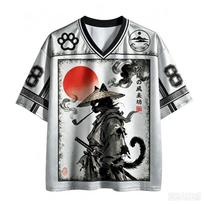 Harajuku Japanese Black Cat Warrior Samure Red3D Print Sport Quick-dry Breatha Men V-neck Tshirt Outdoor Street Fashion Clothing 6XL gray