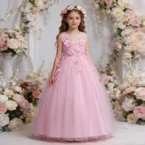 Girls Princess Long Dress Kids Petal Formal Gown Mesh Wedding Dress 160cm rožinė